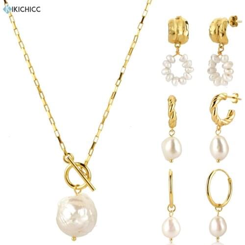 Kikichicc 925 Sterling Silver 2020 Irregular Pearl Baroque Hoop Drop Earring Piercing Horoscope Chain Necklace Jewelry Set