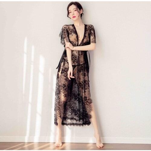 Fashion Sexy Underwear Long Slit Black Perspective Eyelash Decorative Border Lace Nightdress