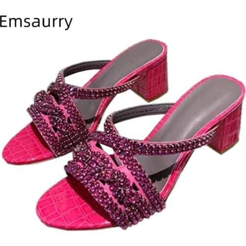 Jeweled Crystal Narrow Band Outwear Mules Genuine Leather Stone Grain Med Hoof Heel Open Toe Rhinestone Sandals Women Summer