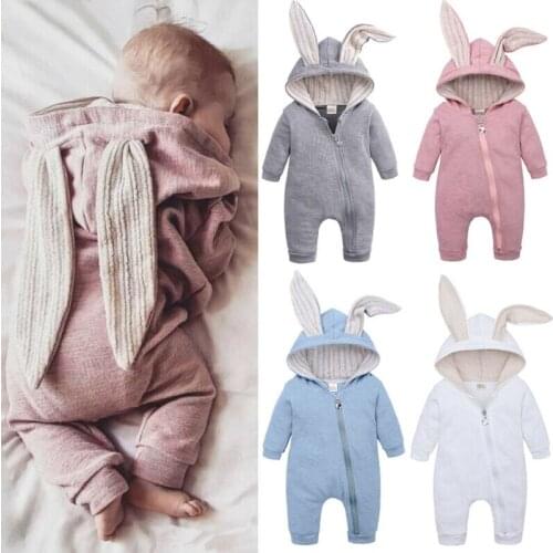Newborn Baby Boy Girl Long Sleeve Lovely Rabbit Ears Romper Cotton Hooded Zipper Jumpsuit Winter Autumn Clothes 0-24M