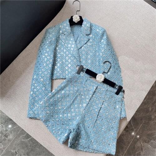 HIGH STREET Newest 2021 Designer Runway Suit Set Womens Sequined Glitter Blazer Jacket Shorts Set