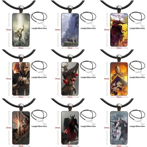 New Green Knight Templar For Kids Beads Glass Cabochon Choker Pendant Rectangle Necklace Steel Color Jewelry