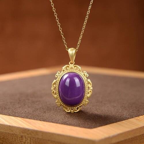 Original S925 Sterling Silver Gold Inlaid Purple Mica Retro Classical High-End Versatile Oval Ladies' Pendant Pendant