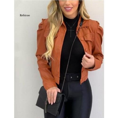 Autumn Women Faux Leather Jacket Solid Pu Black Turndown Collar Slim Punk Short Jackets Coat with Button Outerwear