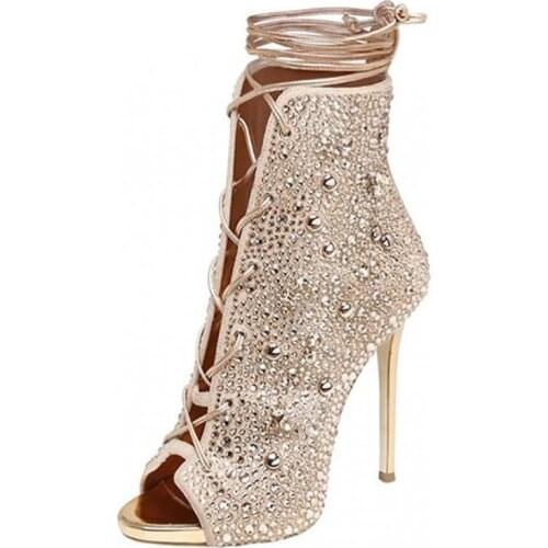 Gladiator Sandals Diamond Bandage Open Toe Ankle Lace-up Hollow High Heel Womens Shoes Crystal Wedding Shoes Pumps Sandalias