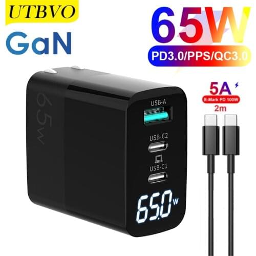 UTBVO GaN 65W 3 Port Foldable USB C Wall Charger, Fast USB C PD Charger Block for iPhone 12, Samsung, MacBook Pro, iPad, Laptops