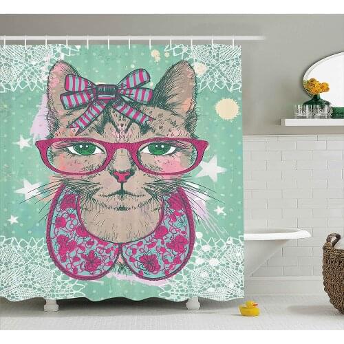 Cat Decor Shower Curtain Fashion Cat in Hipster Glasses and Lace Collarette Bow Vintage Humor Graphic Bath Curtain For Bathroom