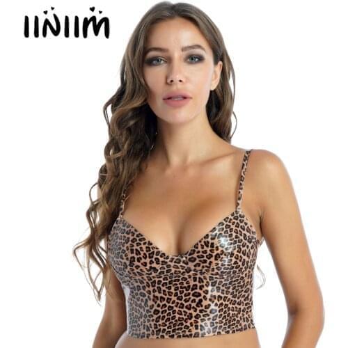 Ladies Exotic Tanks Top Leopard Print Camisole Shiny Patent Leather Crop Tops Adjustable Spaghetti Strap Zipper Sleeveless Vest