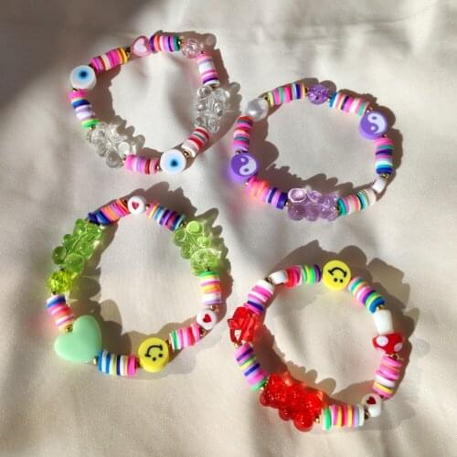 Rainbow Gummy Bear Smiley Clay Beaded Bracelet For Women Bohemia Love Heart Polymer Soft Pottery Beads Bracelet Handmade Jewelry