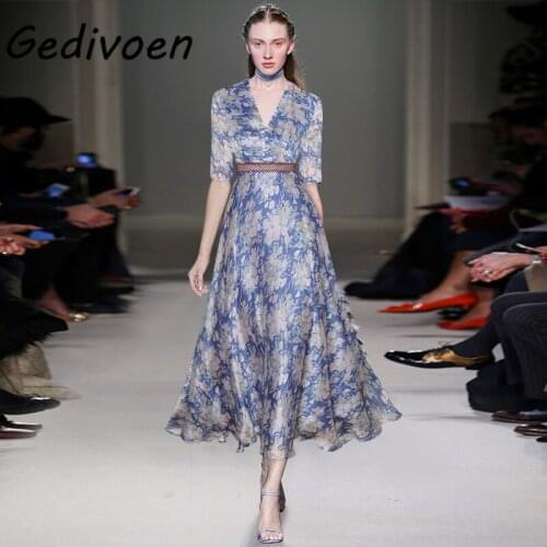 Gedivoen 2021 New Summer Bohemian Ankle-Length Dress Womens Floral Print Spliced Hollow Out Half Sleeve Fashion Runway Dresses