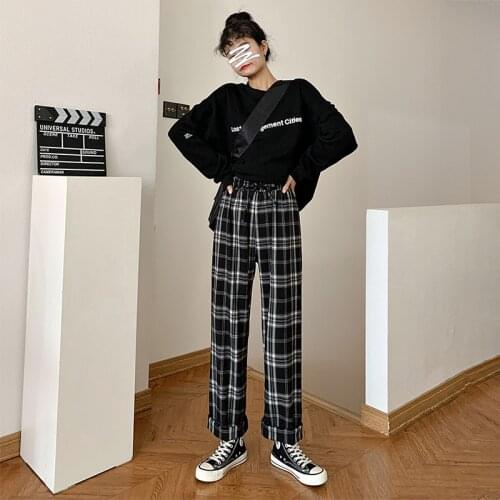 Black and white plaid pants womens autumn 2021 new loose mopping, straight, drape, high waist, thin, casual, wide-legged