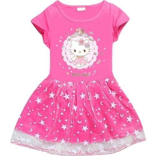 Sanrio Hello Kitty Short skirt 2021 Girls Cotton Dress children 3D Printing Cartoon Mesh Short Sleeve Princess Dress