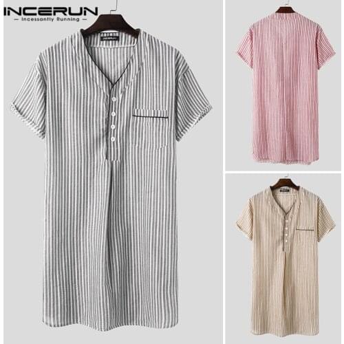 Leisure Striped Homewear Mens Cotton Sleepwear Summer Short Sleeve V Neck Nightgown Breathable Night Dress Shirts INCERUN S-5XL