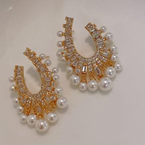 French retro geometric drop U - size pearl tassel with micro - inset zircon versatile earrings with silver needle for women