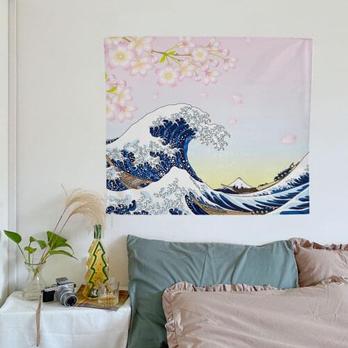 Japanese-style Waves Print Tapestry Wall Hanging Home Decor Sun-rise Decorative Bedroom Carpet Polyester Tapestry Wall Fabrics