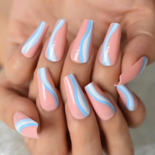 Long Ballerina C Curved Fake Nails Press On Tips Silky Coffee Latte Medium Full Cover Ladies Pink Nails Pre-designed Nail Art