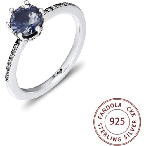 100% 925 Sterling Silver Jewelry Ring Female Blue Sparkling Crown Crystal Rings for Women Wedding Party Gift anillos