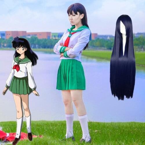 Anime Cosplay Costume Inuyasha Higurashi Kagome Girl School Uniform Halloween Sailor Costume (Top + Skirt + Bow Tie + Wig)