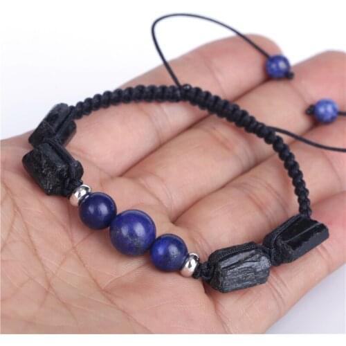 Healing Rough Black Tourmaline Semi Precious Mineral Stone Beads Dark Blue Lapis Lazuli Charm Macrame Bracelet Unisex Gift