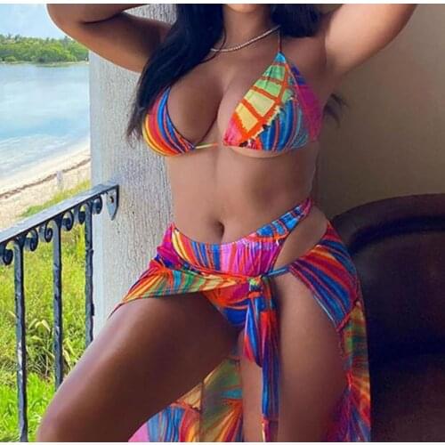 Summer Bikinis Set Women Three-piece Bikini Set with Halter Neck Design Personality Colorful Print Summer Clothing Swimwears