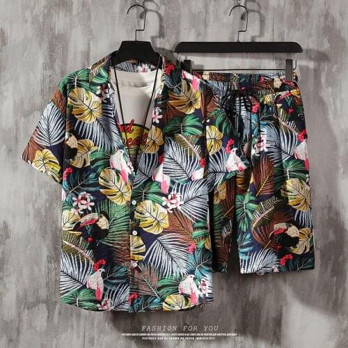 2021 Men Clothing Summer Hawaii Printed Shirt Set Fashion Big Size Multi-color Casual Loose Short-sleeved T-shirt Shorts Set