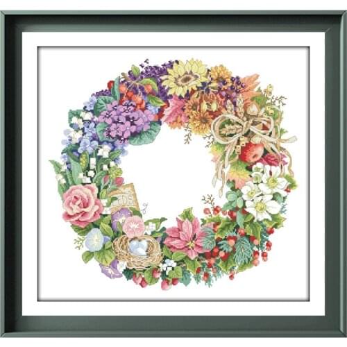Wreath of all seasons cross stitch package 18ct 14ct 11ct white canvas fabric cotton thread embroidery DIY handmade needlework