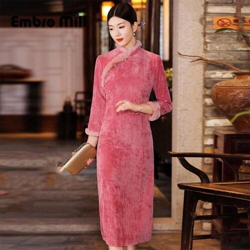 Autumn And Winter Cheongsam New Style Young High-End Elegant Chinese Style Retro Slim Artificial Fur Collar Dress S-XXL