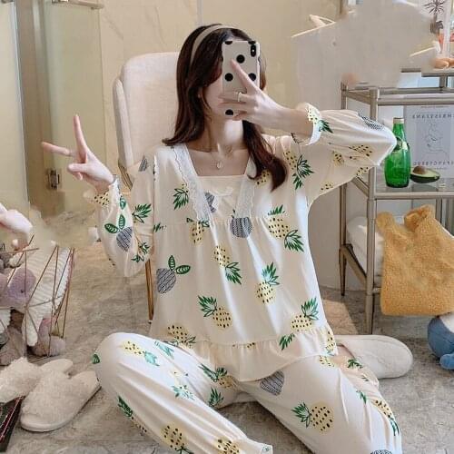 Young Girl Homewear Long Sleeve Pajamas Set for Women Leisure Women Sleepwear Suit Cute Women Nightwear Set Long Top and Pant