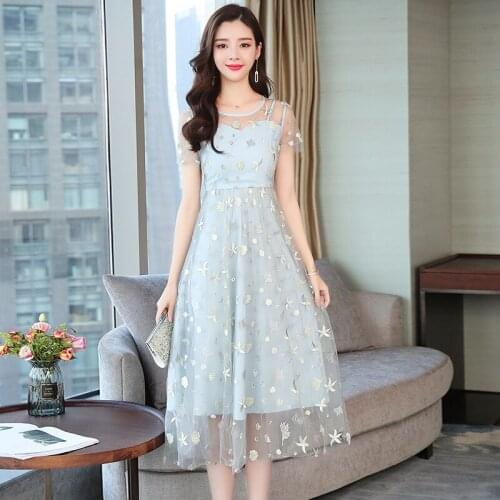 O-neck Printed Dress Women Frosty Temperament Dresses Female Summer Zipper Gentle Short Sleeve Gauze Lace Vestidos Mujer Z918