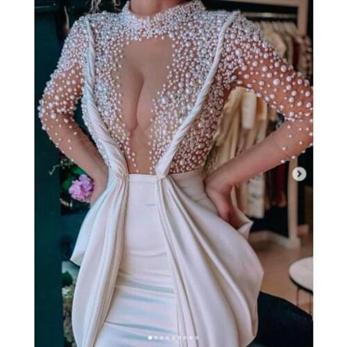 Beaded prom dresses 2022 long sleeve pearls satin floor length evening dresses gowns mermaid evening gowns white