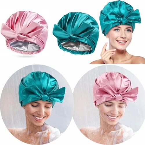 Durable Silky Satin Shower Caps Women Waterproof Reusable Bathroom Shower Hats Bathing Cap for Long Hair Female Work Head Cover