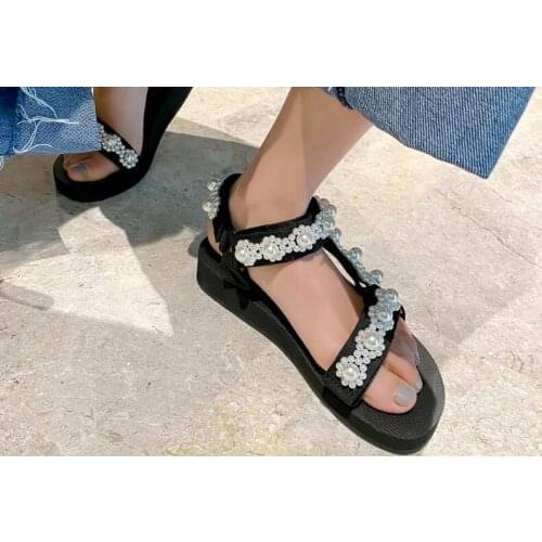 Drop Shipping Ladies Black Floral Pearls Flat Casual Sandals Woman Open Toe Slingback Thick Sole Comfortable Sandals Shoes