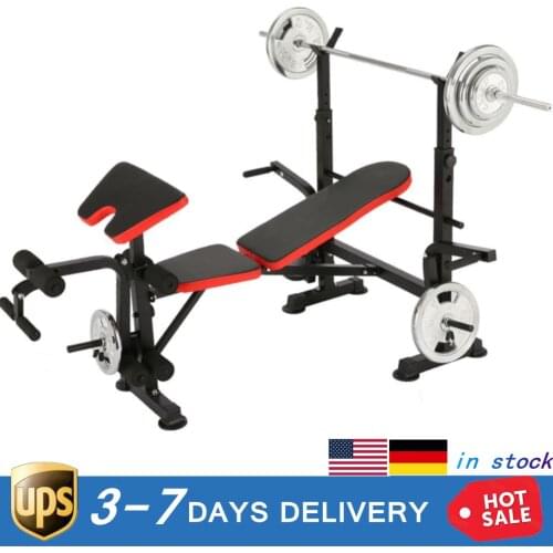 Adjustable Weight Lift Bench Rack Set Barbell Dumbbell Push Up Back Sit Up Exercise Adjustable Uprights Dual-Action Leg Develope