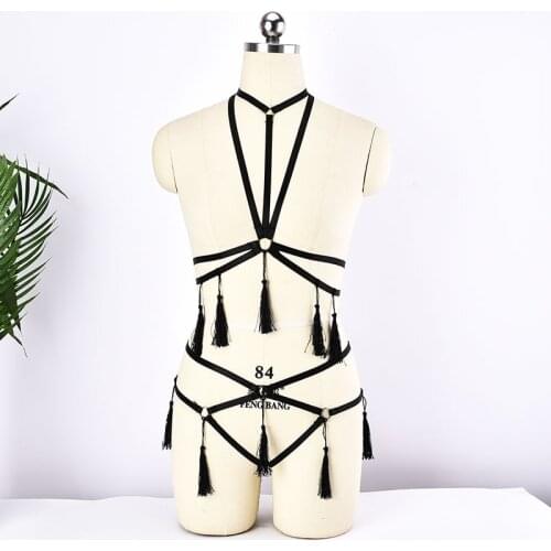Sexy Black Tassels Body Harness Set Goth Tassels Strappy Cage Bra Harajuku Adjustable Briefs Panties 90s Mature Fetish Bodysuit