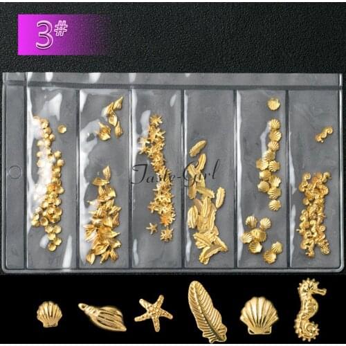 Mixed 6 styles scallop conch shell seahorse 3d nail art decorations alloy charms for nails Accessories Supplies Tools 3