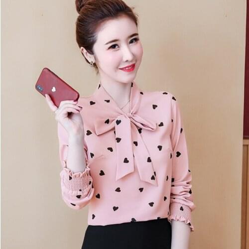 Womens Spring Autumn Style Chiffon Shirt Womens Long Sleeve Bow-Neck Printed Lace Up Elegant Casual Tops DD8421