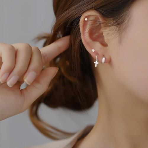 925 sterling silver earring fashion zircon cross round Slub circle ear ring ear bone cute simple wild trend woman girl ear jewel