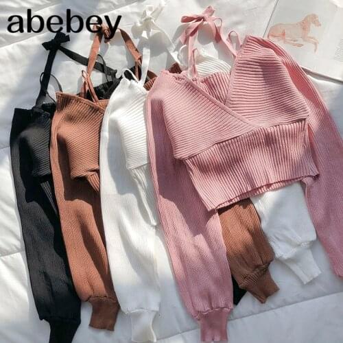 Woman Sweaters Chic Korean Crop Tops Sexy Lady Knitted Cropped Pullovers V-neck Lace Up Jumper Slim Fit Sueter Coat