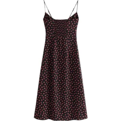 Womens Slim Fit Big U-Neck Bowknot Red Printed Sling Dress Safflower on Black