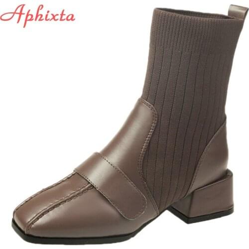 Aphixta Patchwork Stretch Fabric Socks Boots Women Shoes 4.5cm Square Heel Fashion Square Toe Female Ankle Boots Big Size 42 43