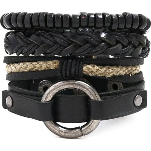 Fashion Punk Men Black Set Bracelet Metal Circle Charm Multi-layer Braided Leather Cuff Wristbands Hippie Bangle Vintage Jewelry