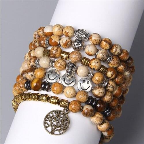 Fashion Natural Stones Beads Bracelet Picture Stone Strand Bead Skull Cross Charm Hematite Spacer Bracelets For Women Men Gifts