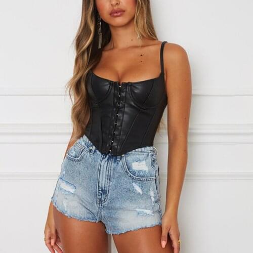 Fashion Push Up Corset Bra Top Low Cut Bustier Sling PU Leather Crop Tops Camisole Night Club Party Sexy Corset Cropped Vest