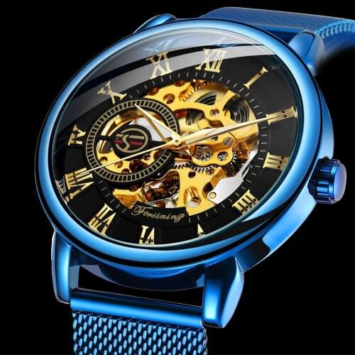 2021 FORSINING Mens Watches Top Brand Luxury Anodized Blue Gold Skeleton Male Clock Hand-wind Mechanical Mesh Strap Montre Homme