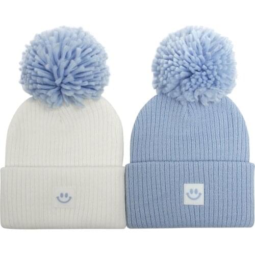 Children Wool Knitted Hat Autumn Winter Cartoon Smiling Face Logo Wool Ball Hat Children Skullies Beanies Winter Hat for Kids