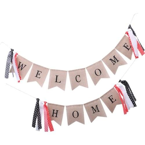 Welcome Home Burlap Banner Cake Smash Door Wall Mantel Fabric Tassel Garland Photo Prop 2m