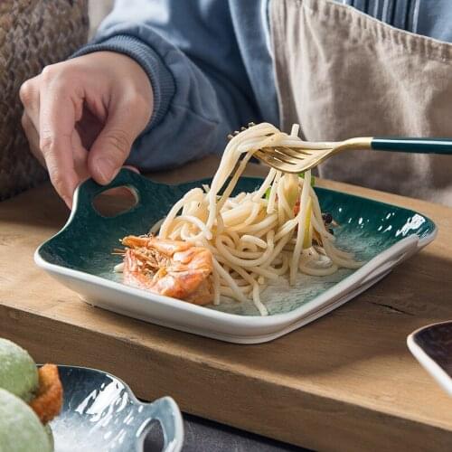Japanese-style ins ceramic baking tray binaural dish home creative baking square plate restaurant personality western plate stea
