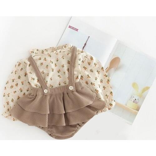 Baby Girl Clothes Set Autumn Winter Linen Cotton Floral Pullover Top Shirt Vintage Suspender Romper Dress Newborn Baby Outfits