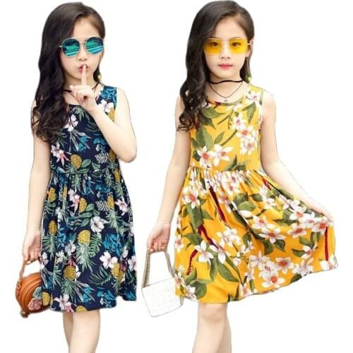 Summer Urban Style Sling Dresses For Girls Sleeveless Floral Printed Dress Vestido Clothing 3-16 Year Mature Kids Beach Sundress