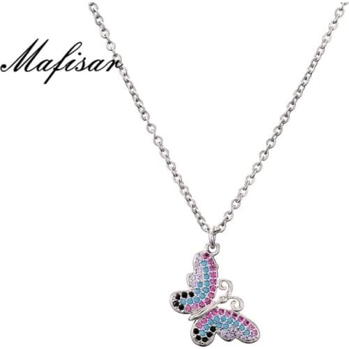 Mafisar Colourful Cubic Zirconia Pave Setting Butterfly Pendant Necklace For Women Girls 45cm Link Chain Necklace Party Jewelry